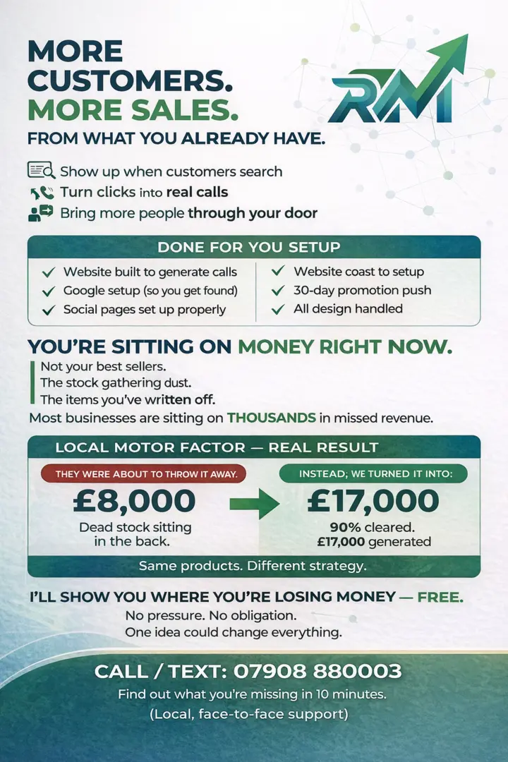 Revive and Monetise customer evidence flyer showing local motor factor dead stock result