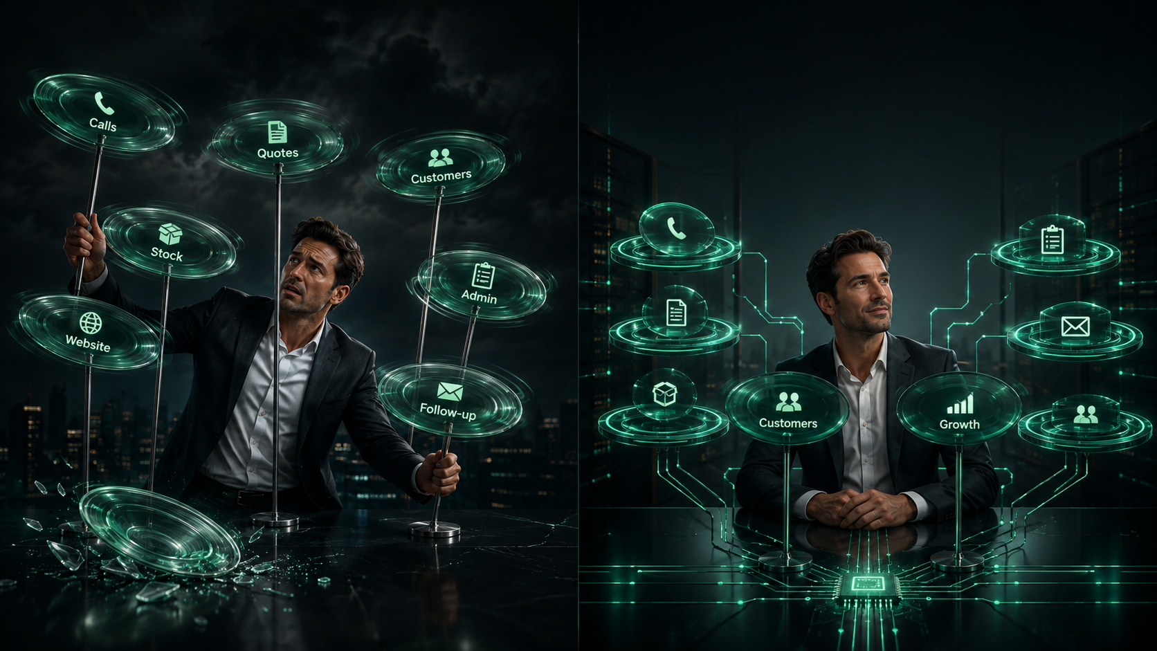 Before and after spinning plates business automation concept